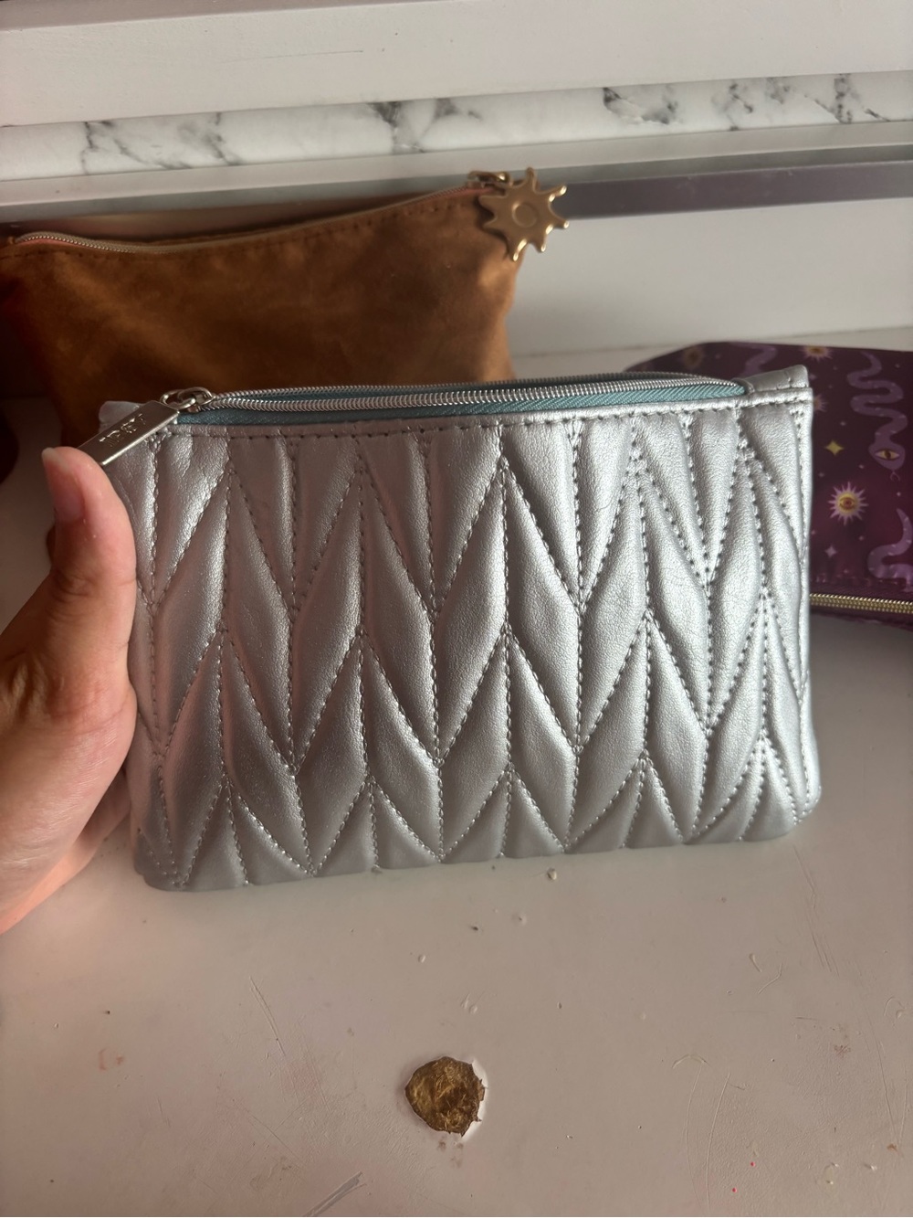 ipsy Quilted Metallic Silver Cosmetic Pouch